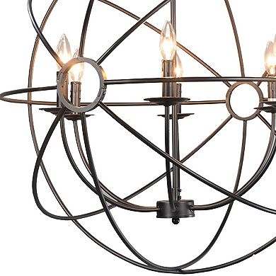 6 Light Fixture Orb Shape Metal Frame Chandelier, Black