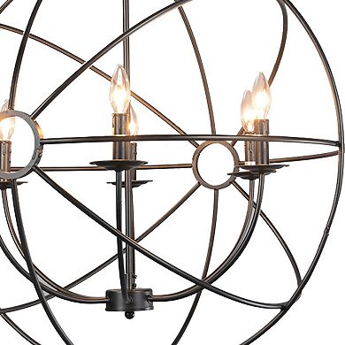 6 Light Fixture Orb Shape Metal Frame Chandelier, Black
