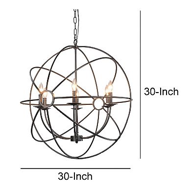 6 Light Fixture Orb Shape Metal Frame Chandelier, Black