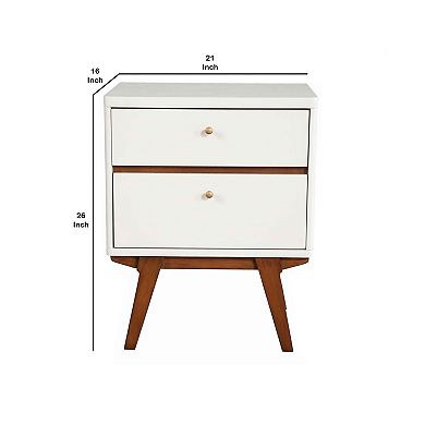 2 Drawer Wooden Nightstand with Angled Legs, White and Brown