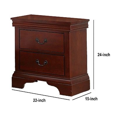 2 Drawer Wooden Nightstand with Panel Bracket Feet, Cherry Brown
