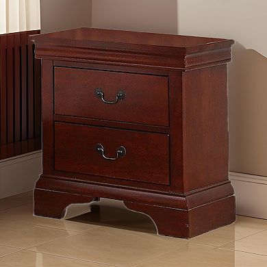 2 Drawer Wooden Nightstand with Panel Bracket Feet, Cherry Brown