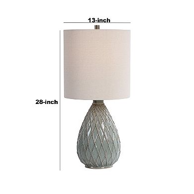 Pot Bellied Ceramic Table Lamp with Diamond Pattern, Gray