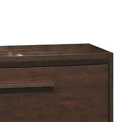 Wooden Nightstand with Two Drawers and Metal Bar Handles, Brown