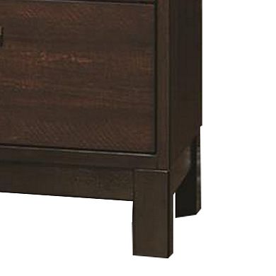 Wooden Nightstand with Two Drawers and Metal Bar Handles, Brown