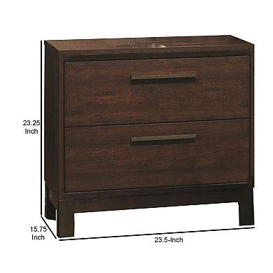 Wooden Nightstand with Two Drawers and Metal Bar Handles, Brown