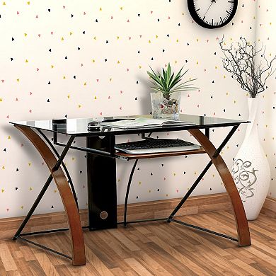 Glass Top Computer Desk with Z Shaped Metal Legs, Brown and Black