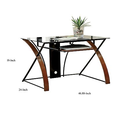 Glass Top Computer Desk with Z Shaped Metal Legs, Brown and Black
