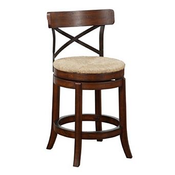 Mia 24 Inch Swivel Counter Stool, Crossed Metal Back, Sedge Seat, Brown