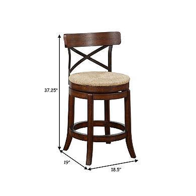 Mia 24 Inch Swivel Counter Stool, Crossed Metal Back, Sedge Seat, Brown