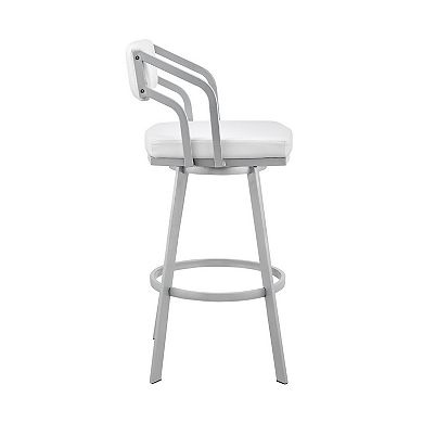 Lyla 26 Inch Counter Height Stool, Swivel, Faux Leather, White, Silver