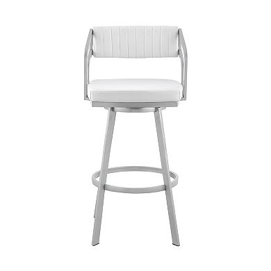Lyla 26 Inch Counter Height Stool, Swivel, Faux Leather, White, Silver