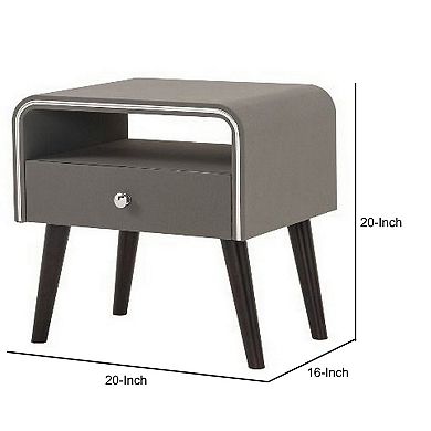 Curved Edge 1 Drawer Nightstand with Chrome Trim, Gray and Brown