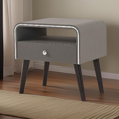 Curved Edge 1 Drawer Nightstand with Chrome Trim, Gray and Brown