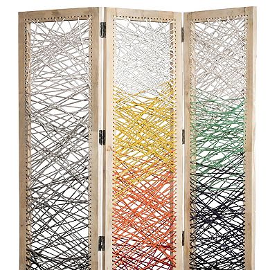 3 Panel Wooden Screen with Woven Reinforced Yarn, Multicolor