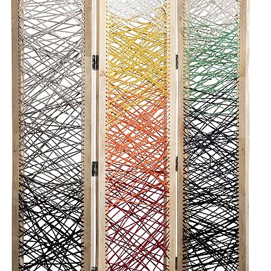 3 Panel Wooden Screen with Woven Reinforced Yarn, Multicolor