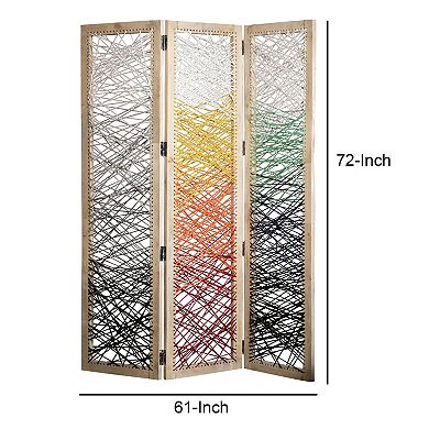 3 Panel Wooden Screen with Woven Reinforced Yarn, Multicolor