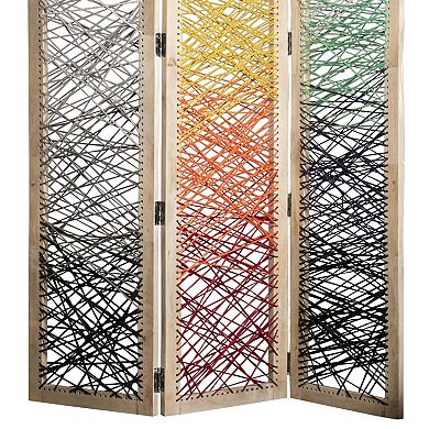 3 Panel Wooden Screen with Woven Reinforced Yarn, Multicolor
