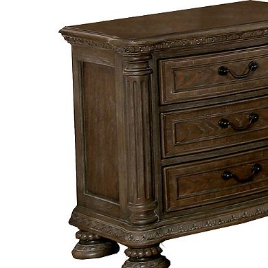 Wooden Nightstand with 3 Drawers and Intricate Carving Details, Brown