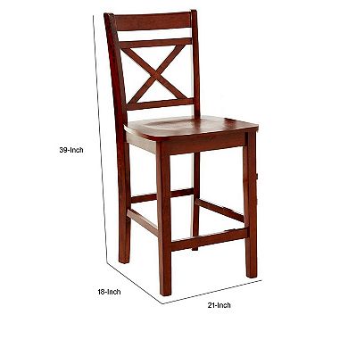Wooden Counter Height Chair with Cross Back, Set of 2, Cherry Brown