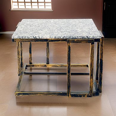 22 Inch Granite Top Plant Stand, Cast Iron Frame, Gray, Black, Gold