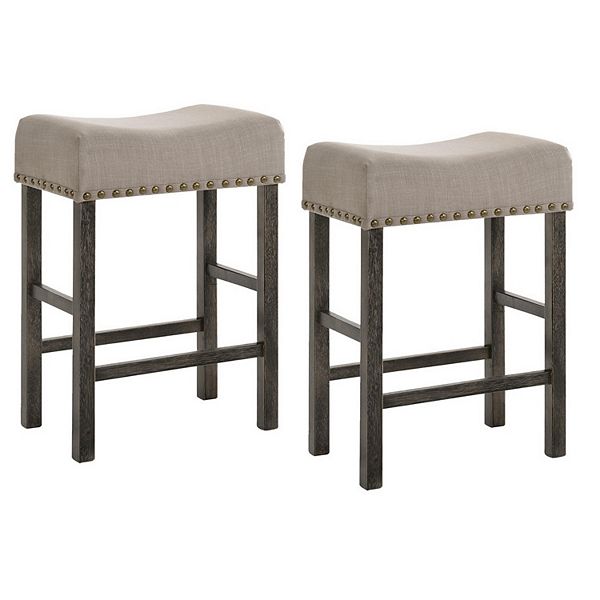 Wooden Counter Height Stool with Linen Upholstered Saddle Seat, Set of