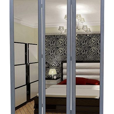 3 Panel Wooden Foldable Mirror Encasing Room Divider,Light Gray and Silver