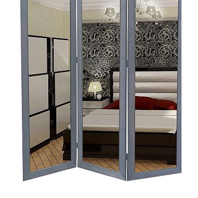 3 Panel Wooden Foldable Mirror Encasing Room Divider,Light Gray and Silver
