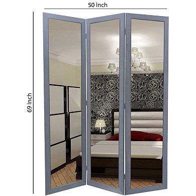 3 Panel Wooden Foldable Mirror Encasing Room Divider,Light Gray and Silver