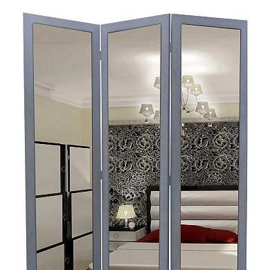 3 Panel Wooden Foldable Mirror Encasing Room Divider,Light Gray and Silver