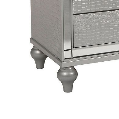 3 Drawer Wooden Nightstand with Mirror Accents and Faux Crystal Pulls, Gray