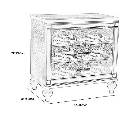 3 Drawer Wooden Nightstand with Mirror Accents and Faux Crystal Pulls, Gray