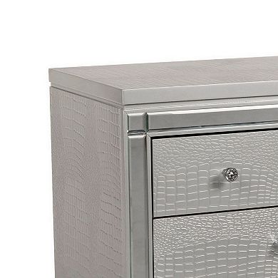 3 Drawer Wooden Nightstand with Mirror Accents and Faux Crystal Pulls, Gray