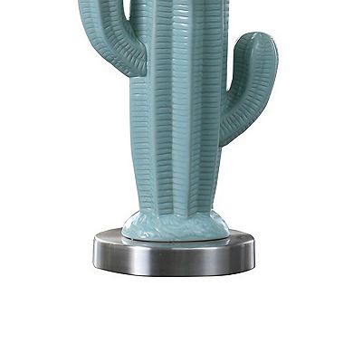 22 Inch Accent Table Lamp, Cactus Designed Body, Metal Base, Blue, White