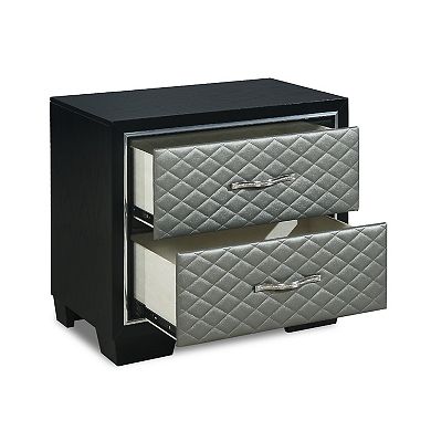 Nightstand with 2 Drawers and Upholstery, Black and Silver