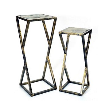 Stone Top Plant Stand with Geometric Base, Set of 2, Black and Gray