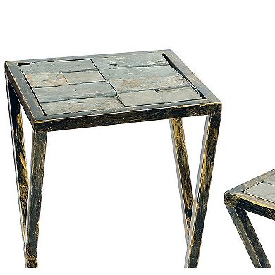 Stone Top Plant Stand with Geometric Base, Set of 2, Black and Gray