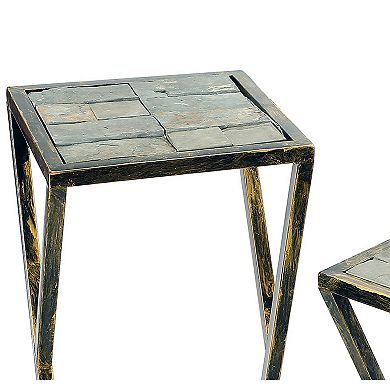 Stone Top Plant Stand with Geometric Base, Set of 2, Black and Gray