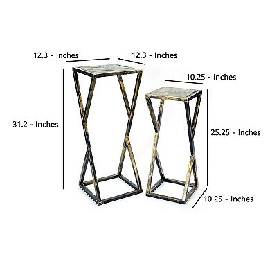 Stone Top Plant Stand with Geometric Base, Set of 2, Black and Gray