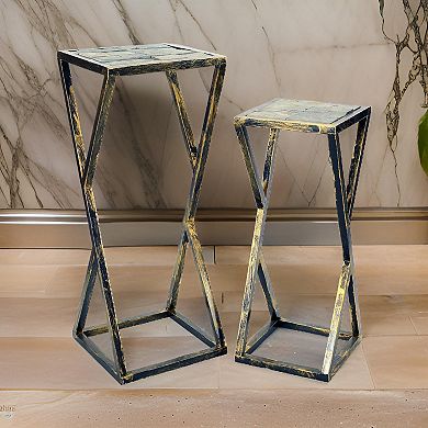 Stone Top Plant Stand with Geometric Base, Set of 2, Black and Gray