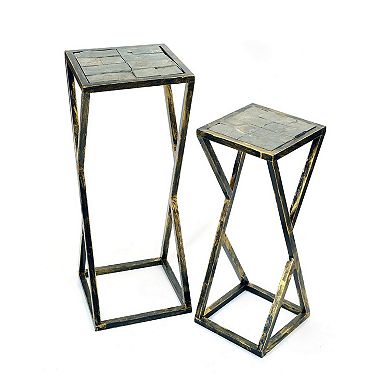 Stone Top Plant Stand with Geometric Base, Set of 2, Black and Gray
