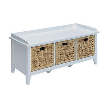 Rectangular Wooden Bench with Storage Basket, White
