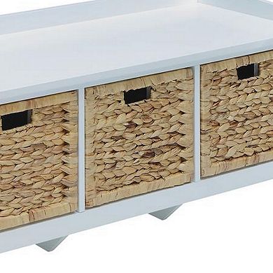 Rectangular Wooden Bench with Storage Basket, White