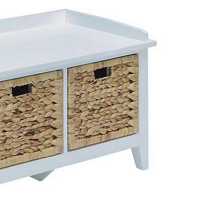 Rectangular Wooden Bench with Storage Basket, White