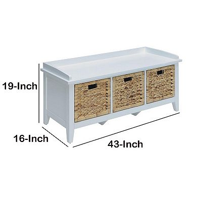 Rectangular Wooden Bench with Storage Basket, White