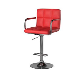 Leatherette Swivel Barstool with Square Stitched Details, Red and Silver