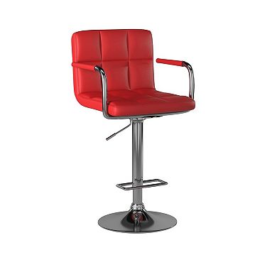 Leatherette Swivel Barstool with Square Stitched Details, Red and Silver