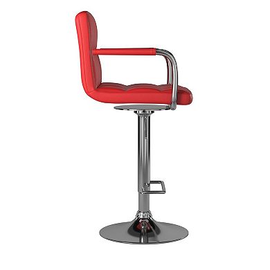 Leatherette Swivel Barstool with Square Stitched Details, Red and Silver