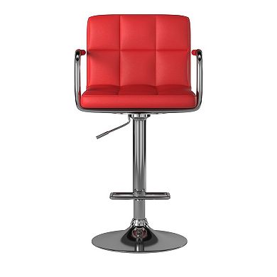 Leatherette Swivel Barstool with Square Stitched Details, Red and Silver