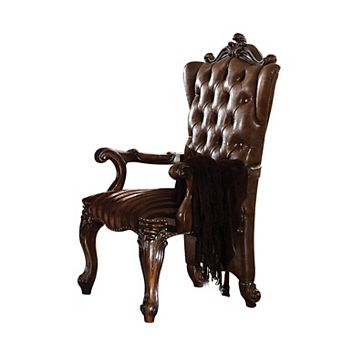 Wooden Arm Chair with Button Tufted Backrest and Carved Details, Set of 2, Brown